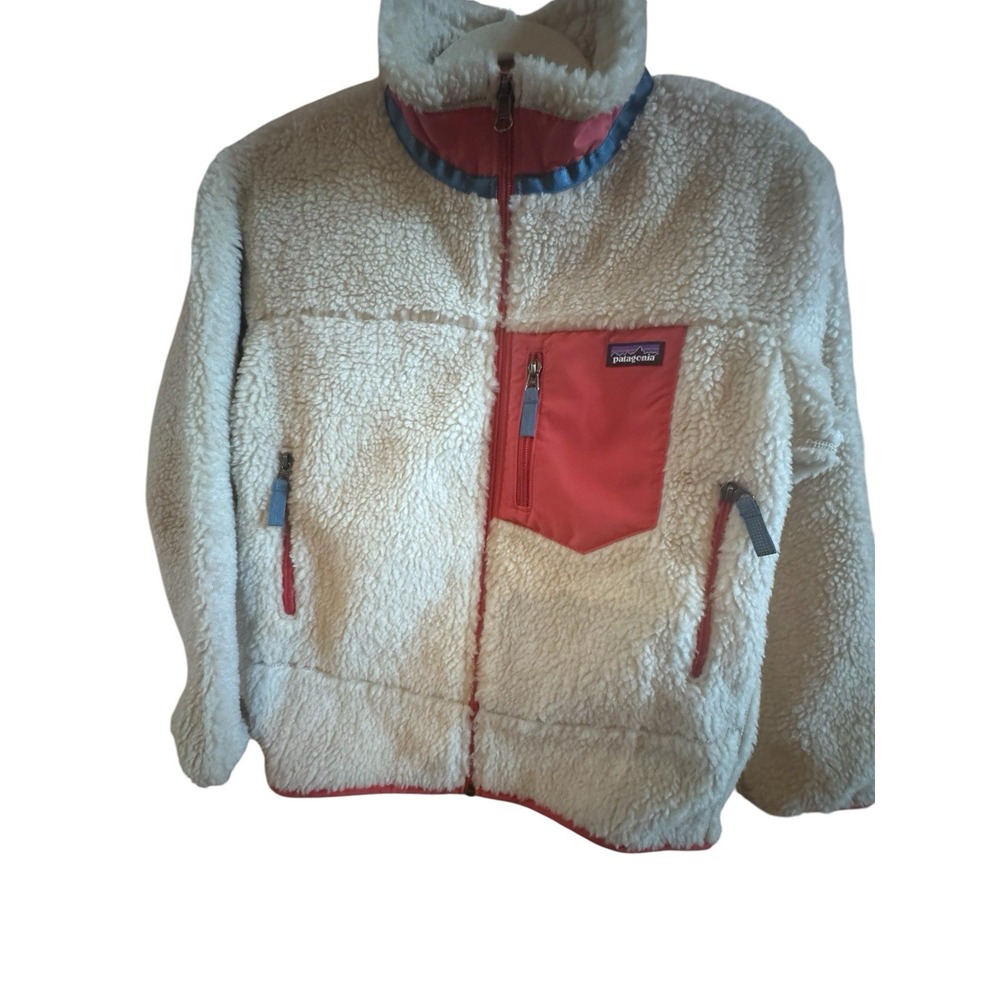 NWT Patagonia Kid's Large/12 RetroX Deep Pile Cream Fleece Jacket Sumac Red Blue